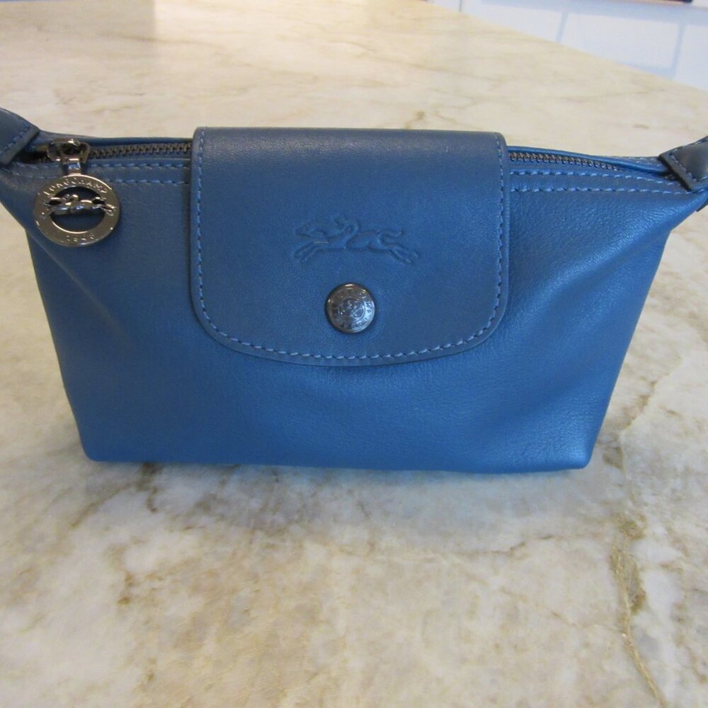 Longchamp Le Pliage Cuir Leather Pouch/Cosmetic Bag Pilot Blue 6.25" x 4" x 2.2"